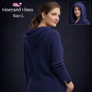 Vineyard Vines 100% Cashmere Hooded Pullover Navy Ribbed Sweater Women L